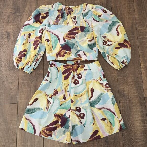 Ted Baker Tie Front Ballon Sleeve Blouse and Shorts Set Women's Size 1/US4 - Picture 8 of 8